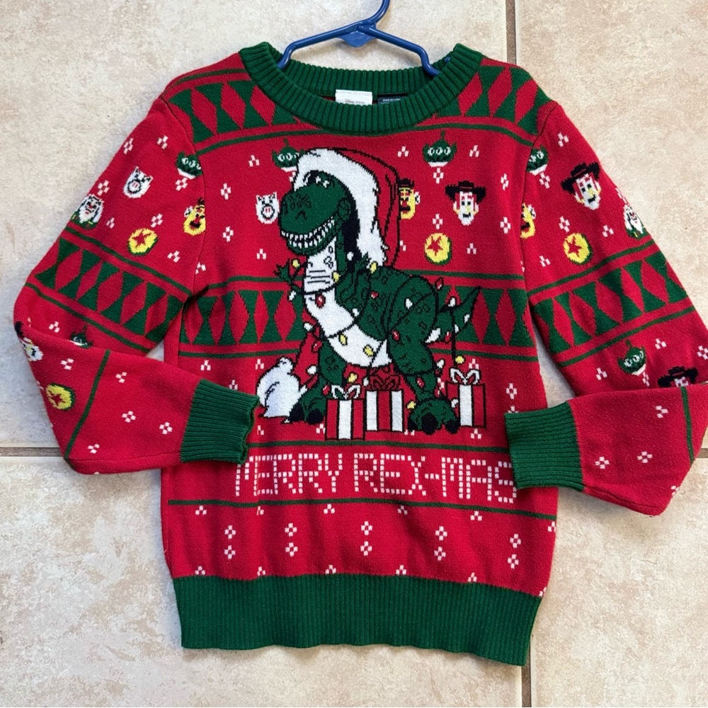 Disney Toy Story Festive Red and Green Dinosaur Sweater with Woody